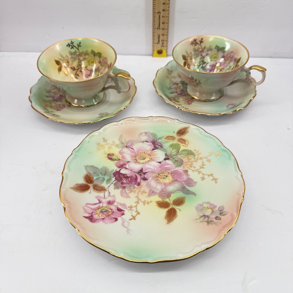 Schumann Arzberg Tea Set Green‎ Pink Floral Gold Gilt Trim 5pc